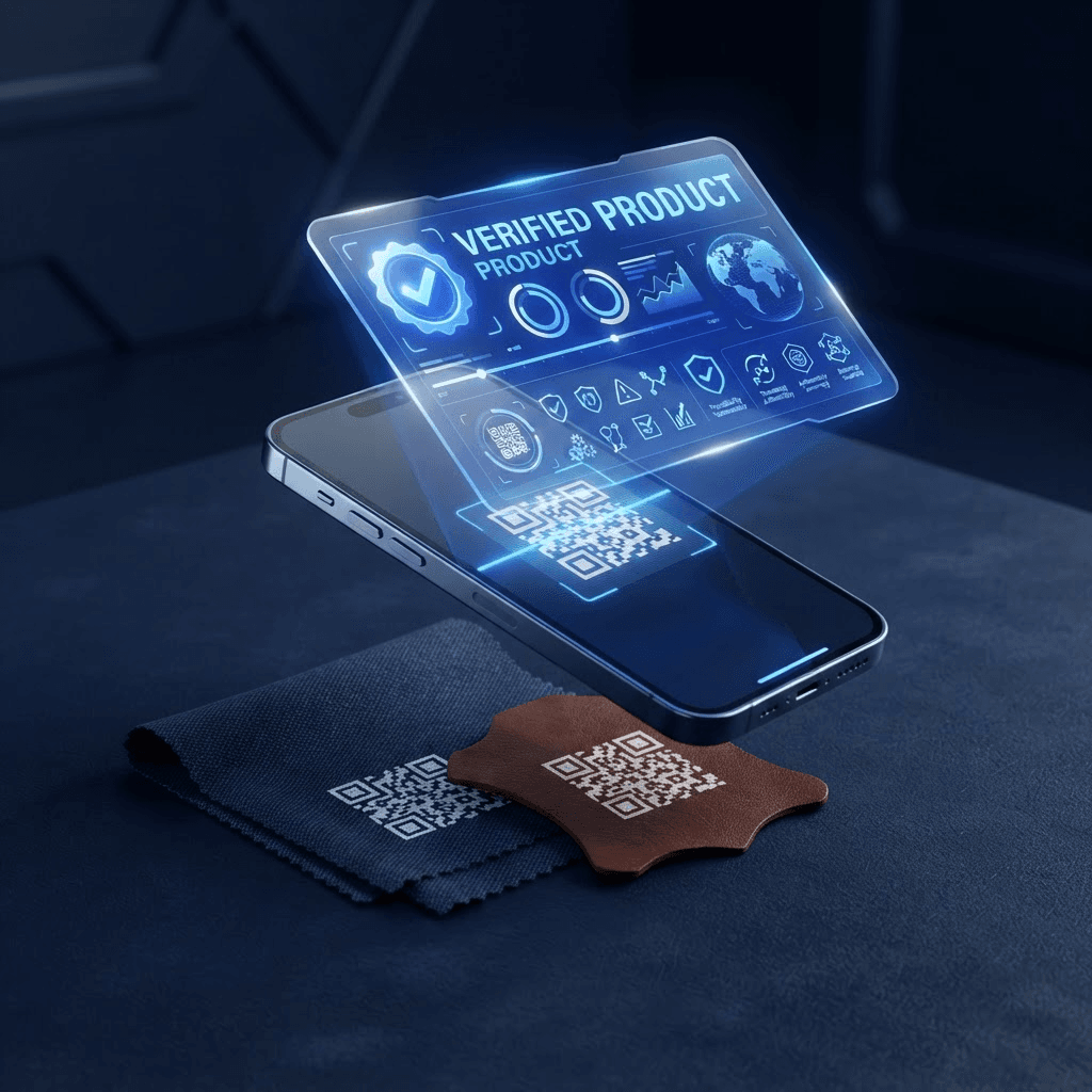A phone scanning a QR code on textile and leather swatches, revealing a verified digital product passport